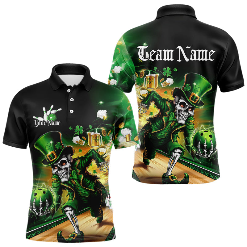Custom Funny St Patricks Day Leprechaun Skull With Beer Bowling Team Polo Shirts Team Outfit IPHW8606