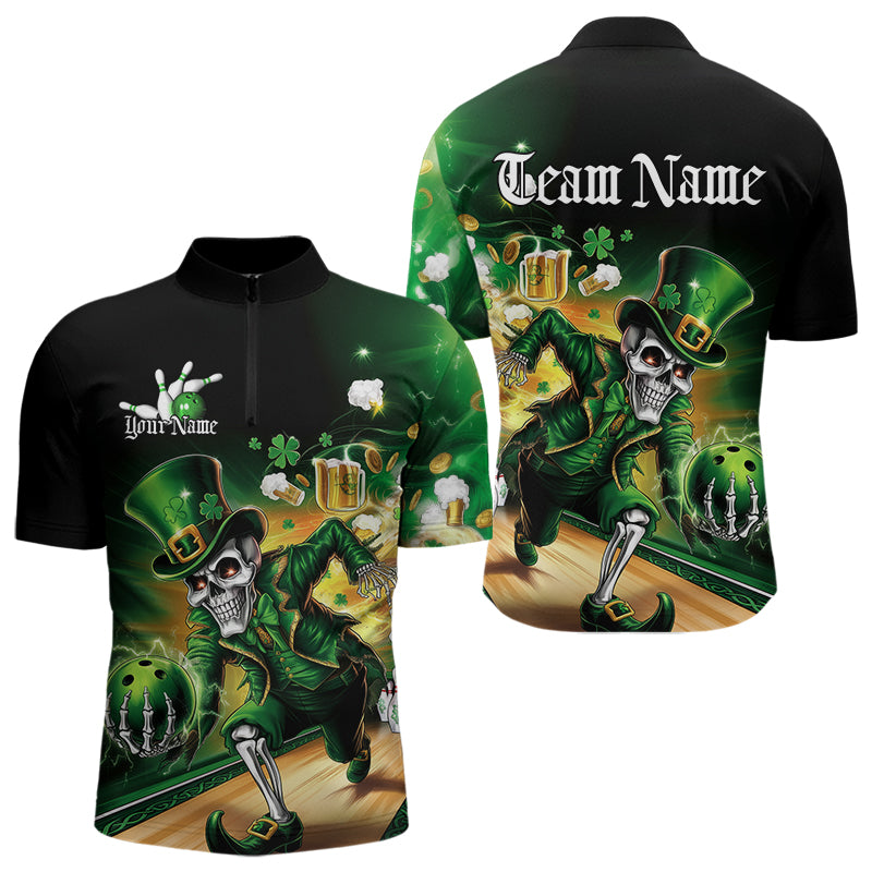 Custom Funny St Patricks Day Leprechaun Skull With Beer Bowling Team Quarter-Zip Shirts Team Outfit IPHW8606