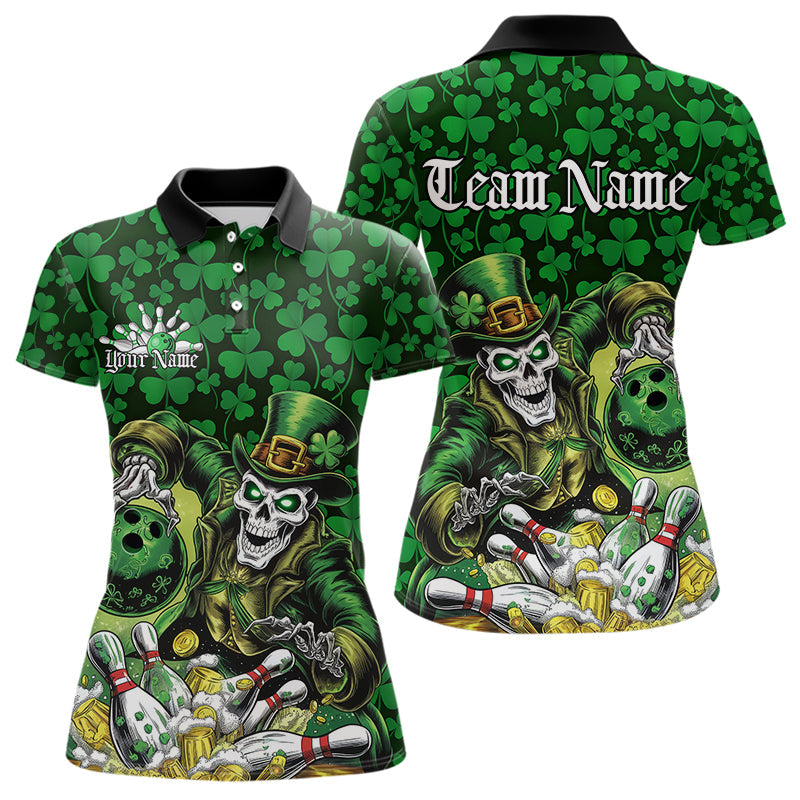 Custom Funny Saint Patricks Day Skull And Beer Bowling Womens Polo Shirt, Lucky Team Shirt IPHW8607