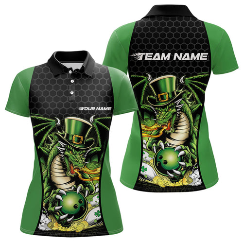 Custom Black And Green St Patricks Dragon Bowling Womens Polo Shirt, Lucky Dragon Bowling IPHW8608