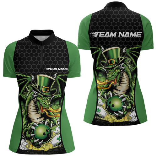 Custom Green St Patricks Dragon Bowling Womens Quarter-Zip Shirts, Lucky Dragon Bowling IPHW8608