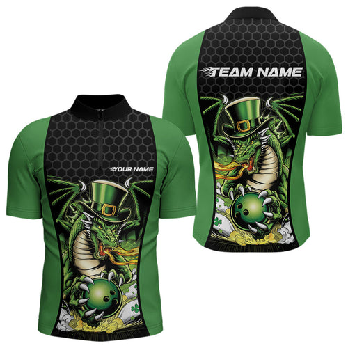 Custom Black And Green St Patricks Dragon Bowling Quarter-Zip Shirts For Men, Lucky Dragon Bowling IPHW8608