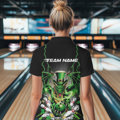 Custom Green St Patricks Dragon Bowling Womens Quarter-Zip Shirts, Lucky Dragon Bowling IPHW8609