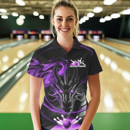 Custom Black And Purple Flame Dragon Bowling Team Women Polo Shirts, Bowling League Shirt IPHW8912