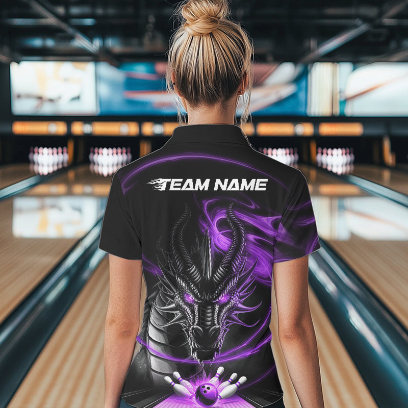 Custom Black And Purple Flame Dragon Bowling Team Women Polo Shirts, Bowling League Shirt IPHW8912