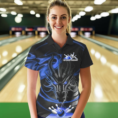 Custom Black And Blue Flame Dragon Bowling Team Women Polo Shirts, Bowling League Shirt IPHW8913