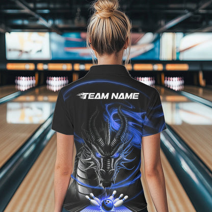 Custom Black And Blue Flame Dragon Bowling Team Women Polo Shirts, Bowling League Shirt IPHW8913