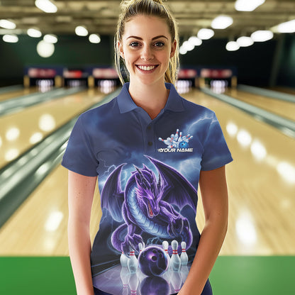 Custom Blue Thunder Lightning Purple Dragon Bowling Team Women Polo Shirts, Bowlers Outfit IPHW8922