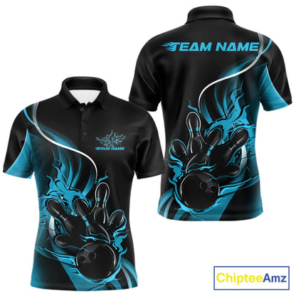 Front and back view mockup of a men’s black and blue polo shirt featuring a flame bowling ball striking pins in a clean, modern sports apparel style.