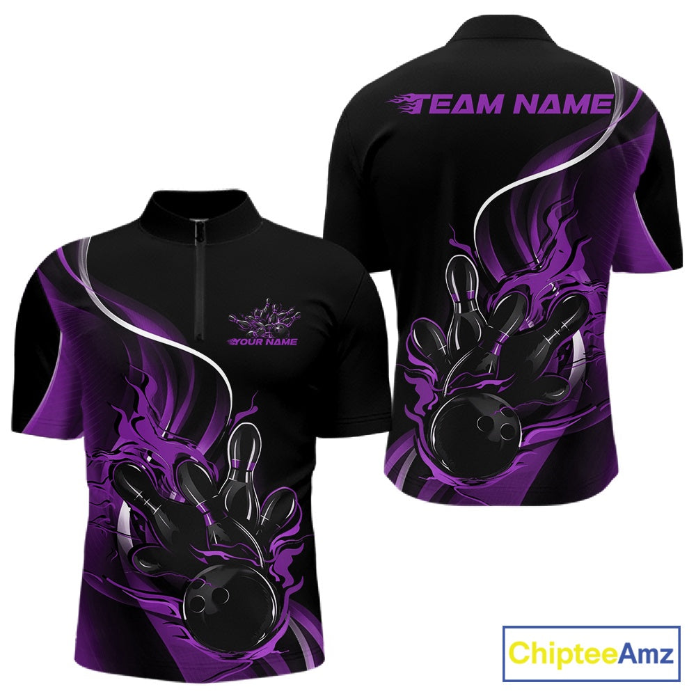 Mens quarter zip bowling shirt mockup, black and purple version showcasing flaming bowling ball striking pins bold design