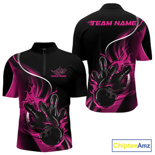 Mens quarter zip bowling shirt mockup, black and pink colorway with flaming bowling ball striking pins dynamic illustration