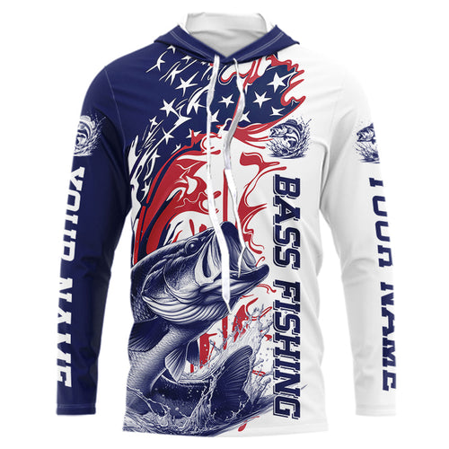 Custom Patriotic Largemouth Bass Long Sleeve Hooded Fishing Shirts, Red White And Blue Fishing Shirt IPHW9129