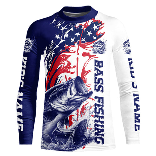Custom Patriotic Largemouth Bass Kid Long Sleeve Fishing Shirts, Red White And Blue Fishing Shirt IPHW9129