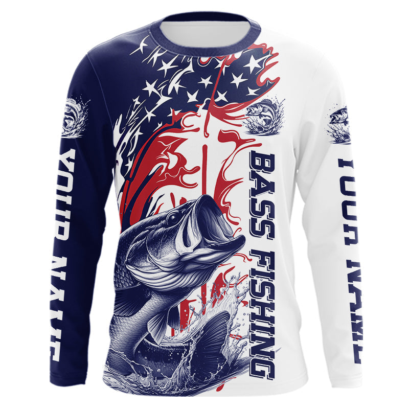 Custom Patriotic Largemouth Bass Long Sleeve Fishing Shirts, Red White And Blue Fishing Shirt IPHW9129