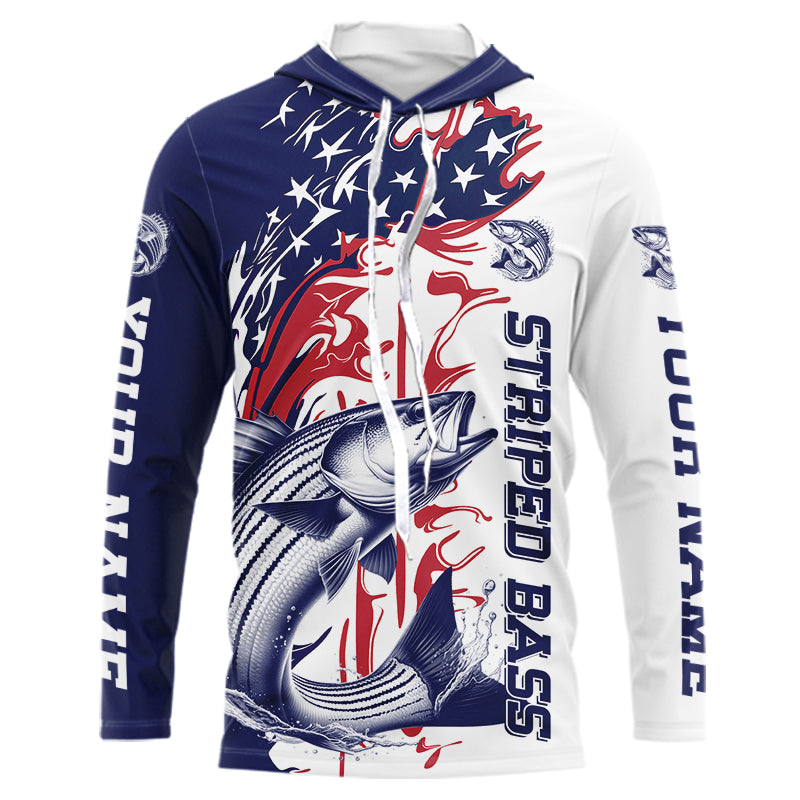 Custom Patriotic Striped Bass Long Sleeve Hooded Fishing Shirts, Red White And Blue Fishing Shirt IPHW9131