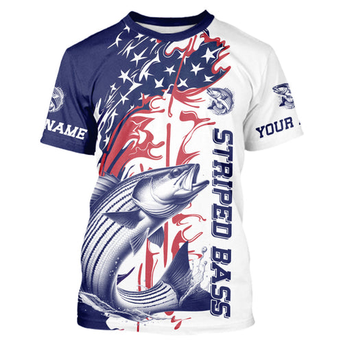 Custom Patriotic Striped Bass Fishing T-Shirts, Red White And Blue Fishing T-Shirt IPHW9131