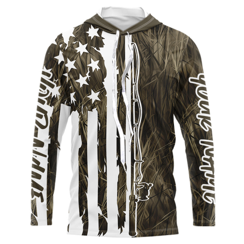 Custom US Fishing Rod Grass Camo Patriotic Long Sleeve Hooded Fishing Shirts IPHW9135