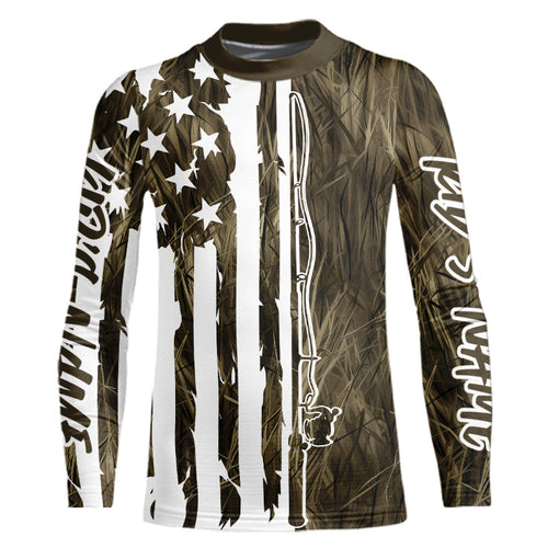 Custom US Fishing Rod Grass Camo Patriotic Kid Long Sleeve Fishing Shirts IPHW9135
