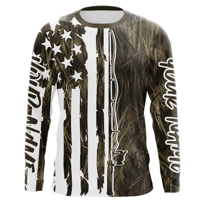 Custom US Fishing Rod Grass Camo Patriotic Long Sleeve Fishing Shirts IPHW9135