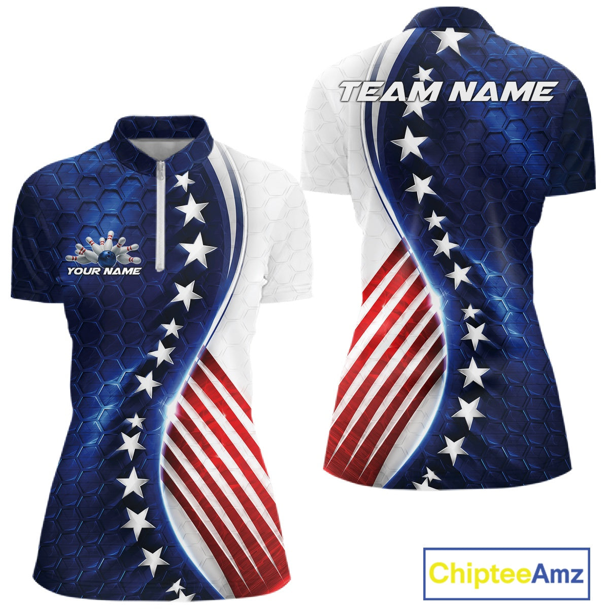Front and back views of a women's short-sleeve polo shirt with an American flag design, featuring a blue honeycomb pattern, white stars, and red and white stripes. The image includes customizable text placeholders 'TEAM NAME' and 'YOUR NAME' on the shirt, and a 'ChipteeAmz' logo in the bottom right corner.