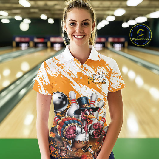 Custom Yellow Turkey Bowling Women Polo Shirts, Funny Thanksgiving Bowling Team Shirts IPHW9717