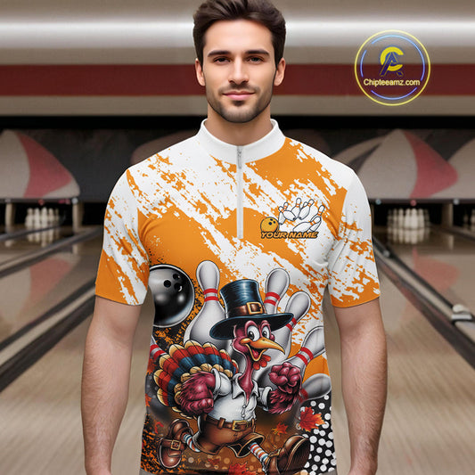 Custom Yellow Turkey Bowling Men Quarter-Zip Shirts, Funny Thanksgiving Bowling Team Shirts IPHW9717