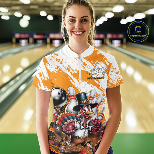 Custom Yellow Turkey Bowling Women Quarter-Zip Shirts, Funny Thanksgiving Bowling Shirts IPHW9717