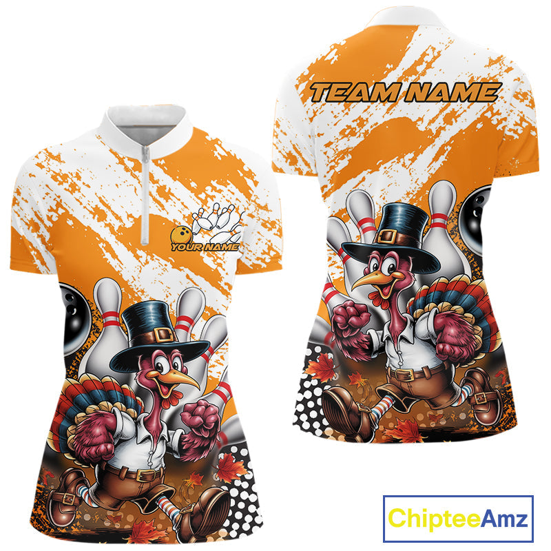 Custom Yellow Turkey Bowling Women Quarter-Zip Shirts, Funny Thanksgiving Bowling Shirts IPHW9717
