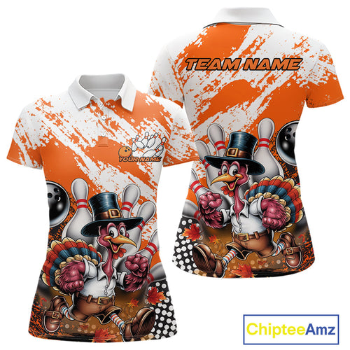 Custom Orange Turkey Bowling Women Polo Shirts, Funny Thanksgiving Bowling Team Shirts IPHW9718
