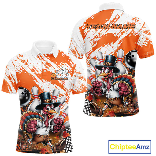 Custom Orange Turkey Bowling Men Polo Shirts, Funny Thanksgiving Bowling Team Shirts IPHW9718
