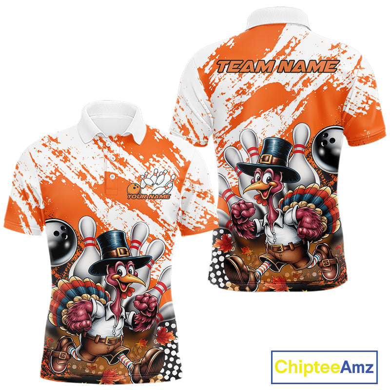 Custom Orange Turkey Bowling Men Polo Shirts, Funny Thanksgiving Bowling Team Shirts IPHW9718