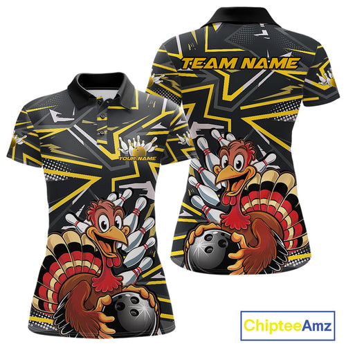 Custom Funny Turkey Bowling Jerseys, Yellow Thanksgiving Bowling Team Women Polo Shirt IPHW9722