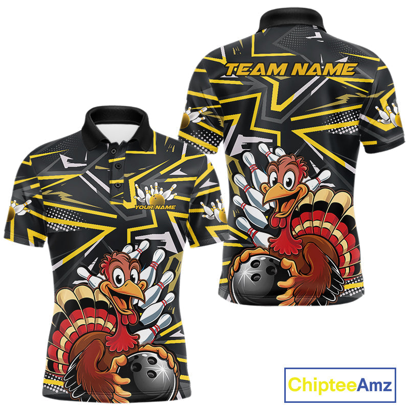 Custom Funny Turkey Bowling Jerseys, Yellow Thanksgiving Bowling Team Men Polo Shirt IPHW9722