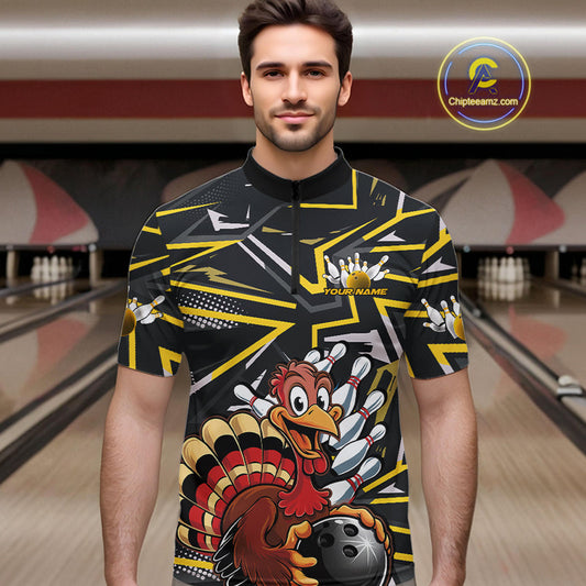 Custom Funny Turkey Bowling Jerseys, Yellow Thanksgiving Bowling Team Men Quarter-Zip Shirt IPHW9722