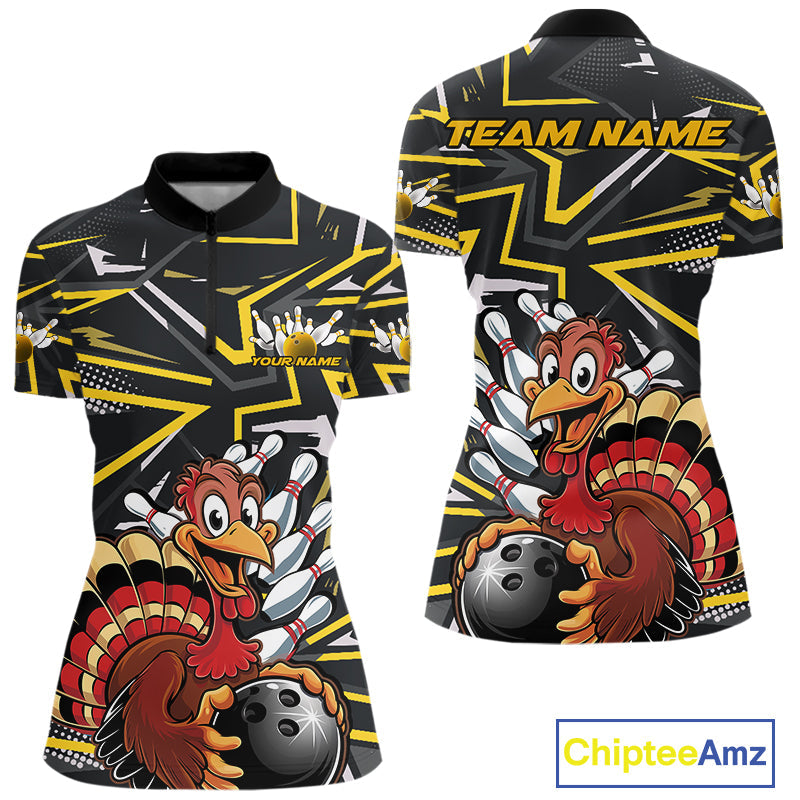 Custom Funny Turkey Bowling Jerseys, Yellow Thanksgiving Bowling Women Quarter-Zip Shirt IPHW9722