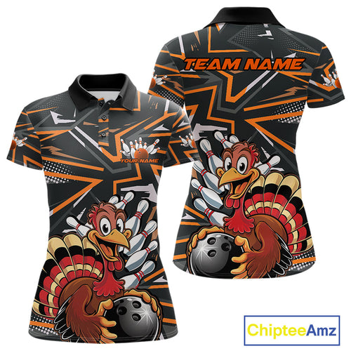Custom Funny Turkey Bowling Jerseys, Orange Thanksgiving Bowling Team Women Polo Shirt IPHW9723
