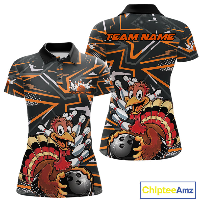 Custom Funny Turkey Bowling Jerseys, Orange Thanksgiving Bowling Team Women Polo Shirt IPHW9723