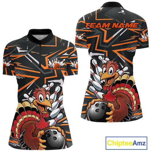 Custom Funny Turkey Bowling Jerseys, Orange Thanksgiving Bowling Women Quarter-Zip Shirt IPHW9723