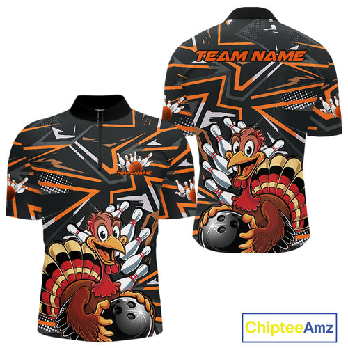 Custom Funny Turkey Bowling Jerseys, Orange Thanksgiving Bowling Team Men Quarter-Zip Shirt IPHW9723