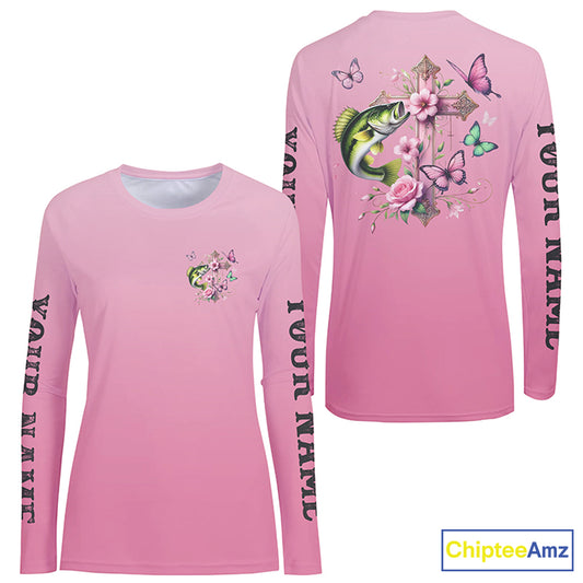 Pink Flower And Butterflies Custom Faith Largemouth Bass Long Sleeve Fishing Shirts For Women IPHW8182