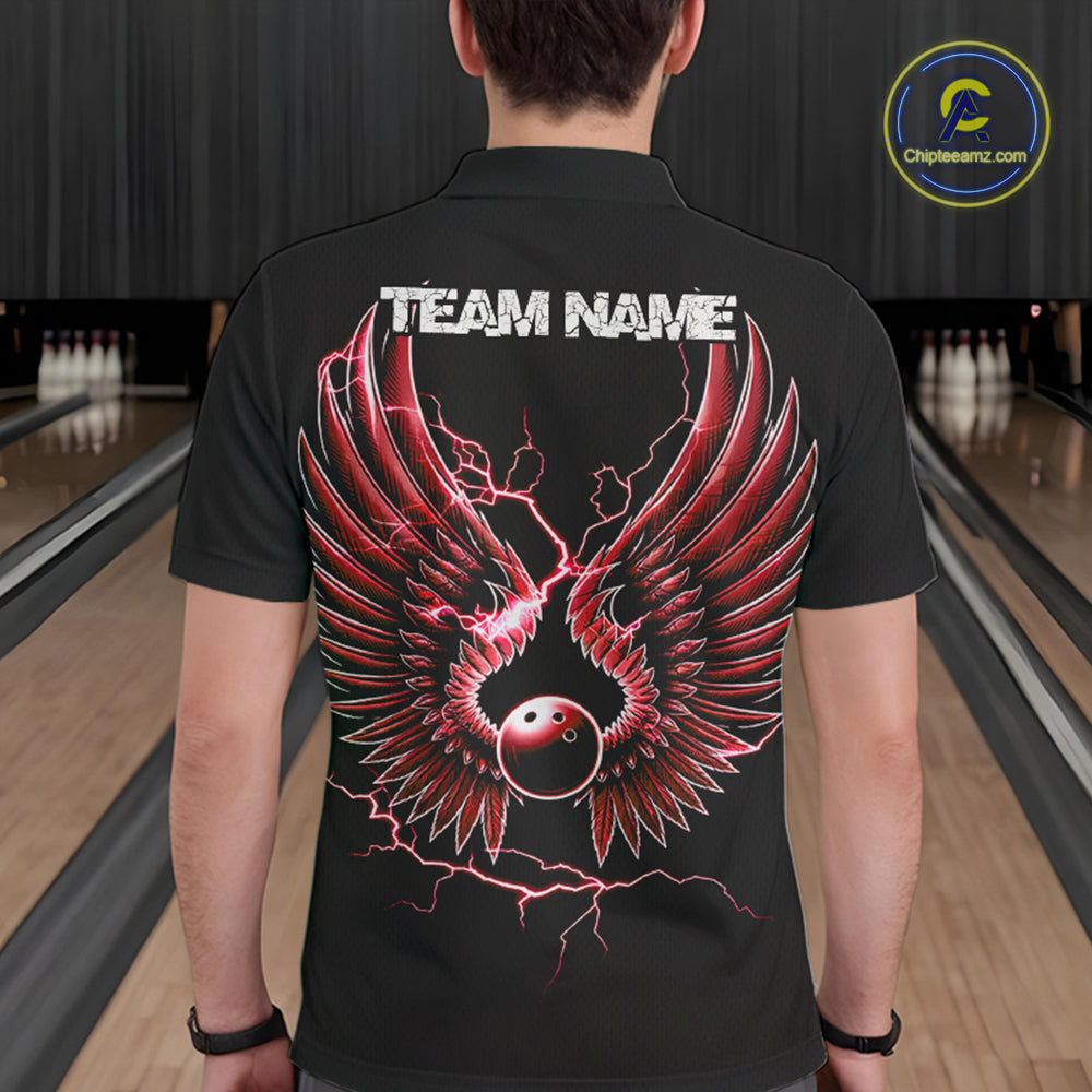 Red Thunder Lightning Bowling Wings Custom Bowling Team Polo Shirts For Men IPHW8394