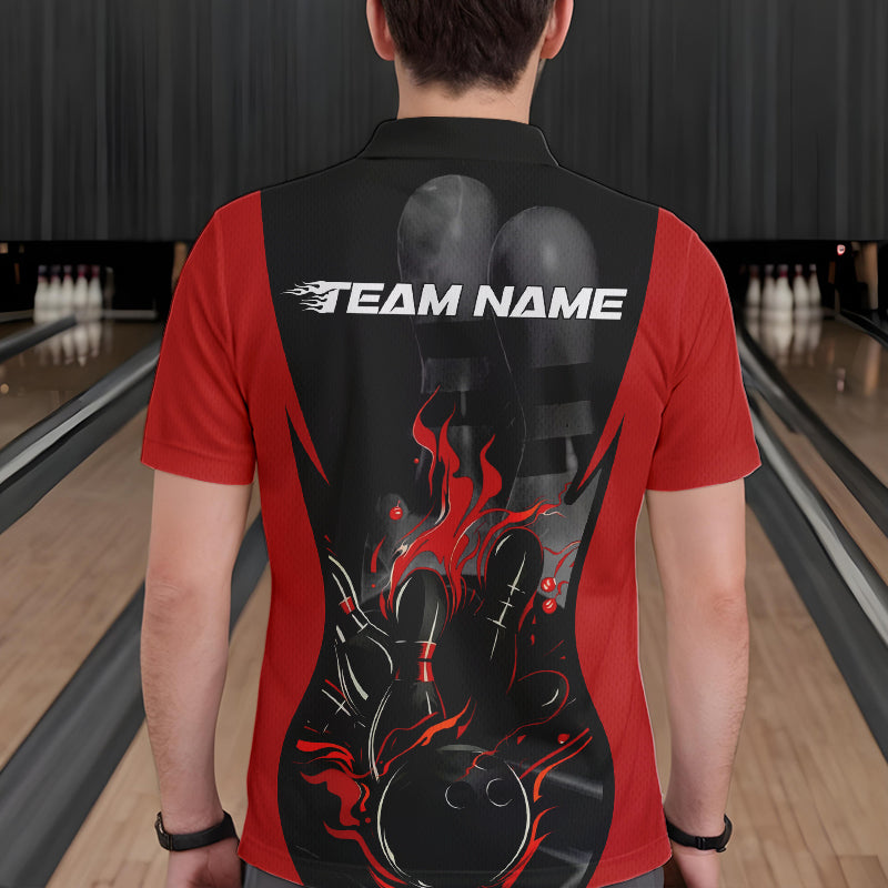 Custom Black And Red Flame Bowling Polo Shirts For Men, Fire Bowling League Shirt IPHW8619