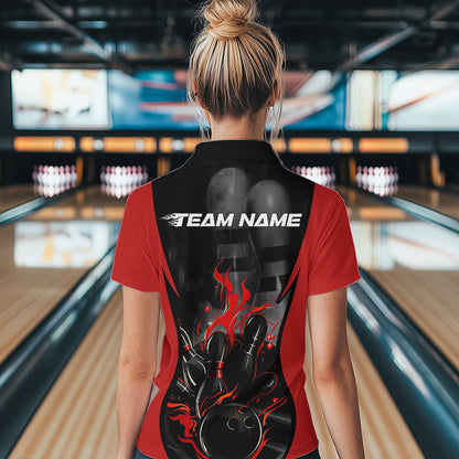 Custom Black And Red Flame Bowling Quarter-Zip Shirts For Women, Fire Bowling League Shirt IPHW8619