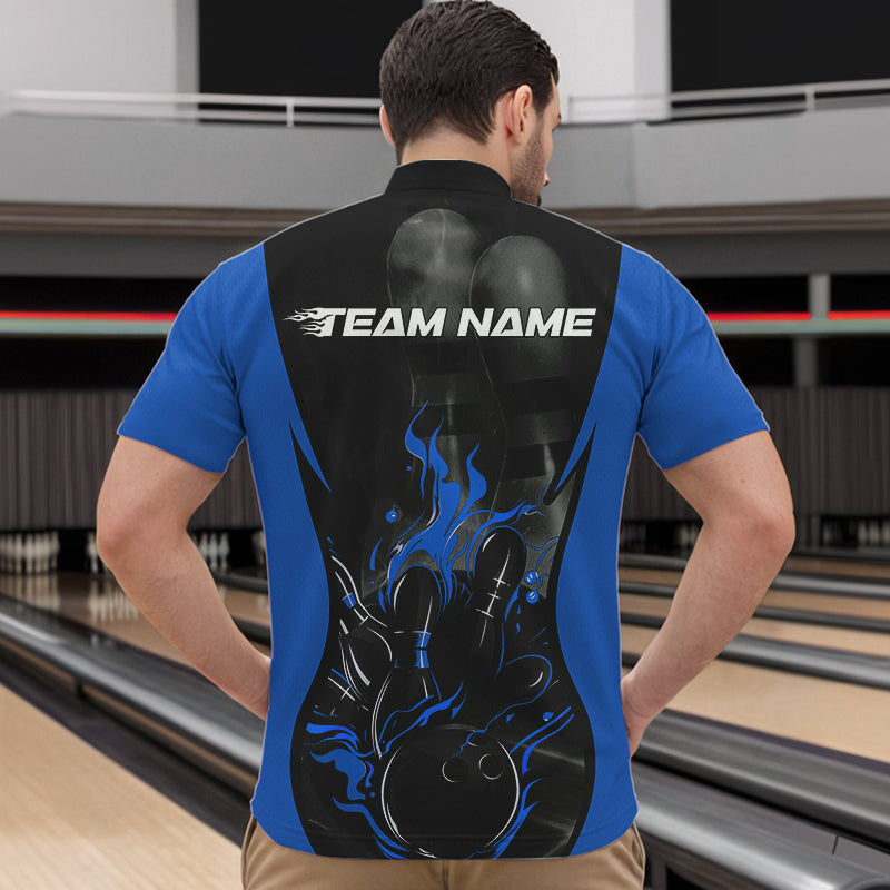 Custom Black And Blue Flame Bowling Quarter-Zip Shirts For Men, Fire Bowling League Shirt IPHW8620
