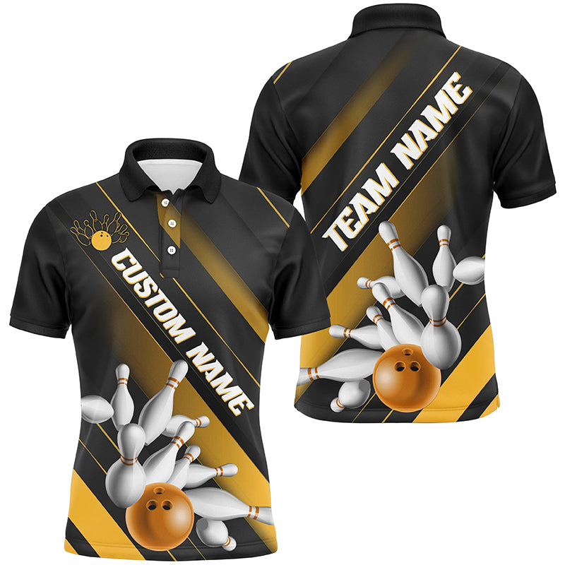 Black And Gold Custom Bowling Team Shirts For Men And Women, Bowling Ball And Pins Shirt IPHW6445