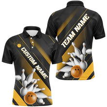 Load image into Gallery viewer, Black And Gold Custom Bowling Team Shirts For Men And Women, Bowling Ball And Pins Shirt IPHW6445
