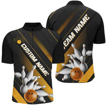 Load image into Gallery viewer, Black And Gold Custom Bowling Team Shirts For Men And Women, Bowling Ball And Pins Shirt IPHW6445