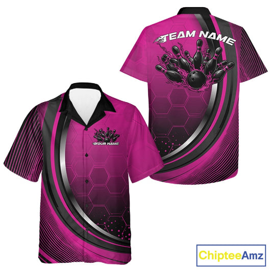 Front and back view of a button-up bowling shirt mockup in black and pink, featuring honeycomb pattern with a flaming bowling ball striking pins.