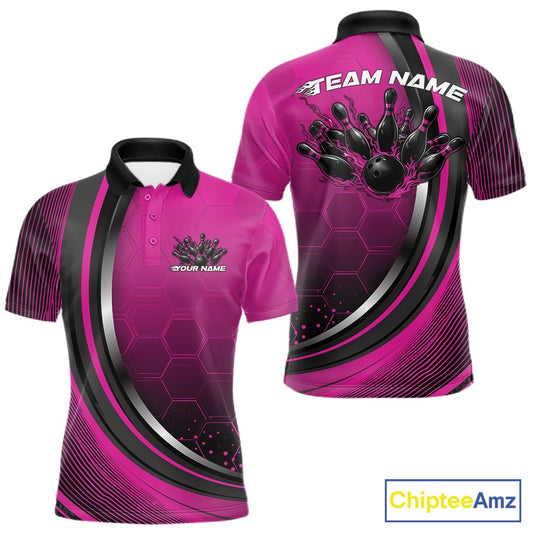 Front and back view of a mens bowling polo shirt mockup in black and pink, featuring honeycomb pattern with a flaming bowling ball and pins.