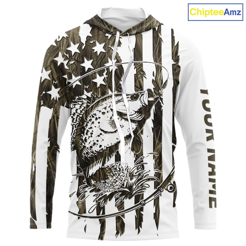 Custom Patrotic Crappie Long Sleeve Hooded Camo Fishing Shirts, Crappie US Fishing Shirt IPHW9147
